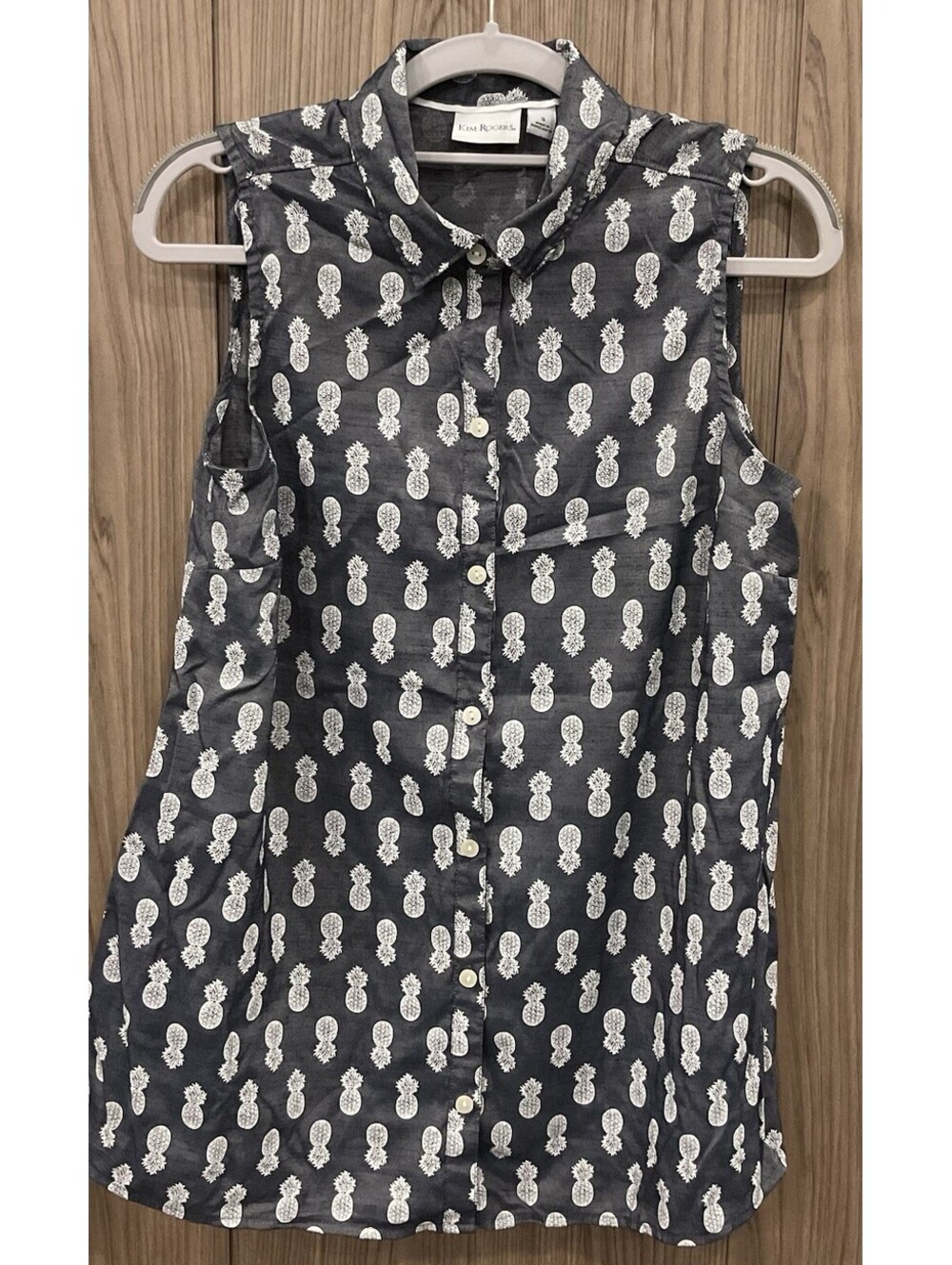 Kim Rogers Womens Button Up Sleeveless Pineapple Print Blouse Size S
